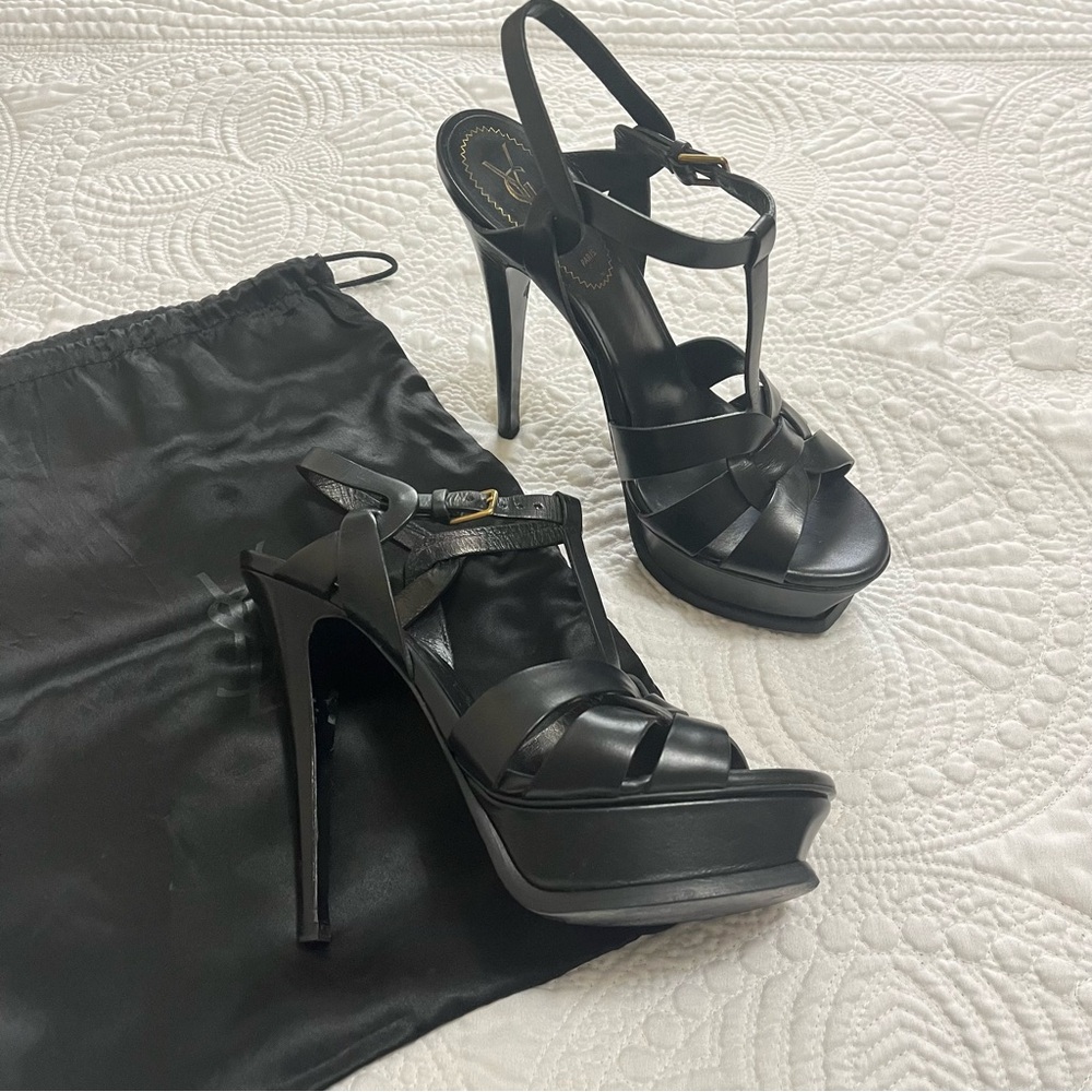 YVES SAINT LAURENT Tribute Heel Sandals Black Patent Leather 130mm Size 37.5